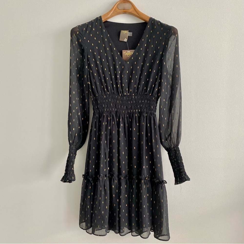 Taylor NWT Black & Gold Foil Dot Dress Size 2
